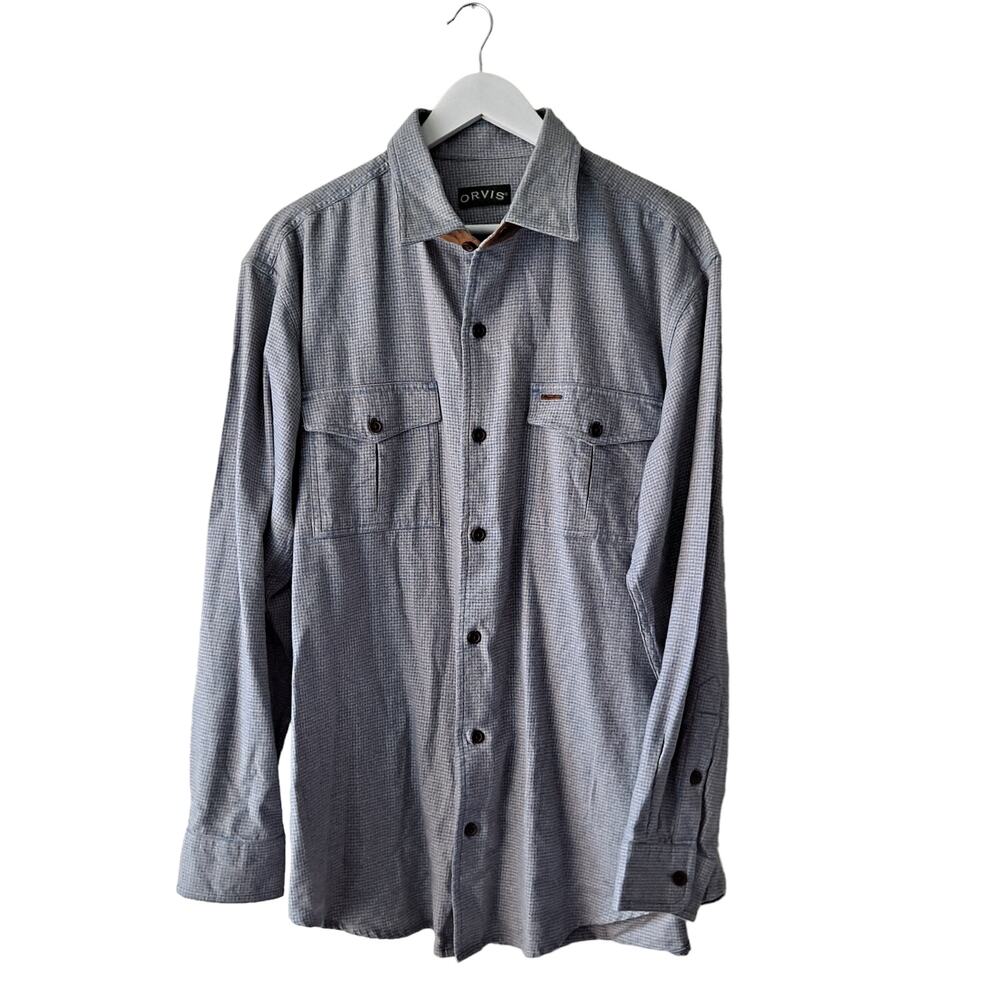 Orvis Mens Tan & Blue Houndstooth Flannel Long Sleeve Button Down Shirt -Size L